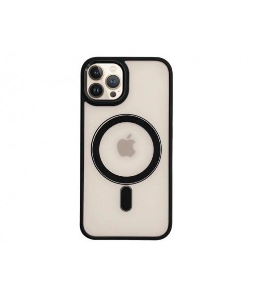 Husa iPhone 13 Pro Max, Premium MagSafe, Butoane Metalice, Spate Transparent, Rama Negru